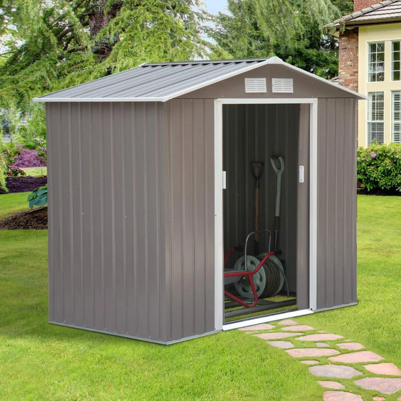 7 x 4 ft Metal Apex Garden Shed, Lockable Outdoor Storage Shed with Double Sliding Doors
