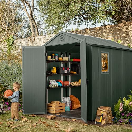 6 x 8 ft Outdoor Resin Garden Shed, Wood-Look Waterproof Storage Shed with Double Lockable Doors for Tools & Bikes