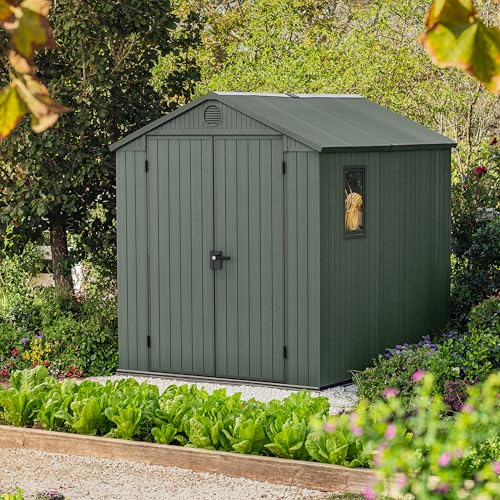6 x 8 ft Outdoor Resin Garden Shed, Wood-Look Waterproof Storage Shed with Double Lockable Doors for Tools & Bikes