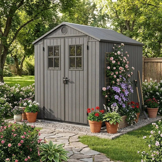 4 x 6 ft Heavy Duty Plastic Garden Shed, Weather-Resistant Outdoor Storage Shed, Lockable Double Doors, Grey